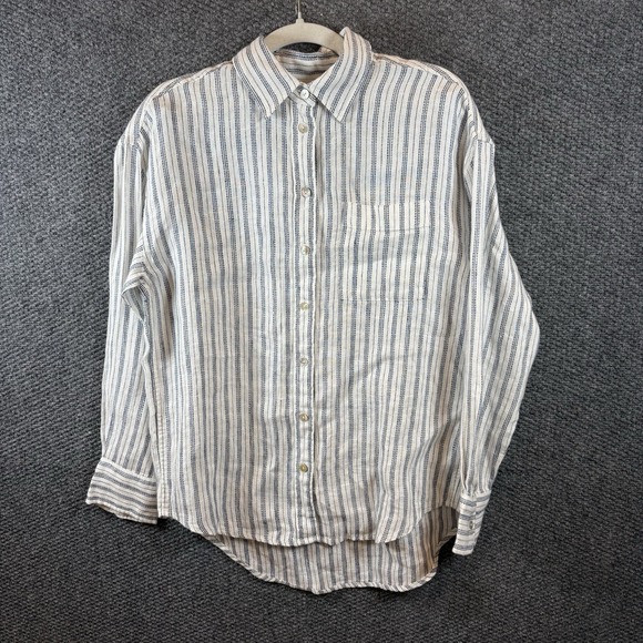 Faherty Linen Santa Cruz Stripe Button Down Sz Women's XS White/blue NWT $158 - Picture 2 of 10
